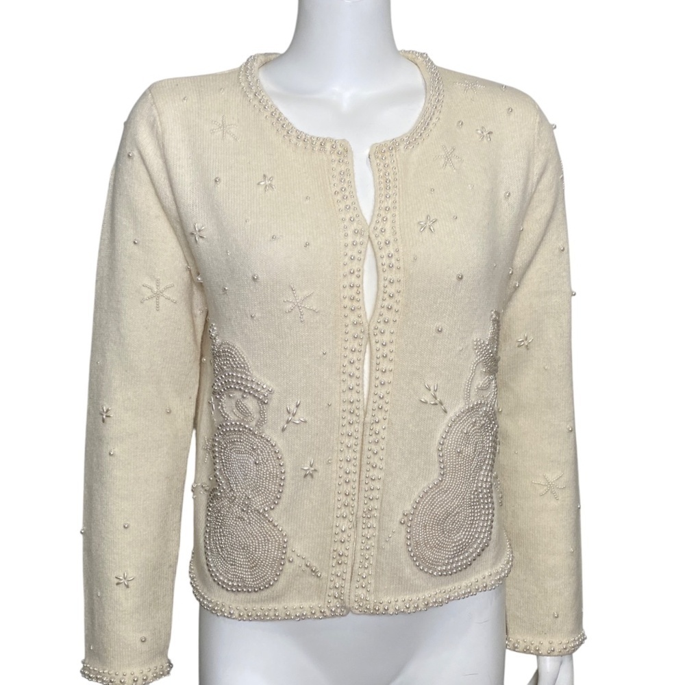 Vintage Bellepointe Beaded Snowman Cardigan Sweater Angora Wool Blend Size M